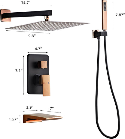 LCEVCGK Shower Faucet Set Complete Matte Black Shower System with 8 inch Square Rainfall Shower Head 3-Function Handheld Shower Waterfall Bathtub Spout Rain Shower Combo Set Bathroom Wall Mounted