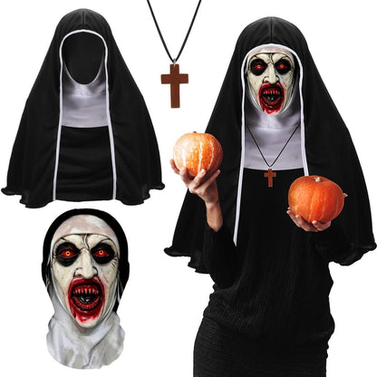3Pcs Halloween Mask Headgear,Breathable Mesh Full Head Face Mask Creepiest Headwear Costume with Cross Necklace Cape