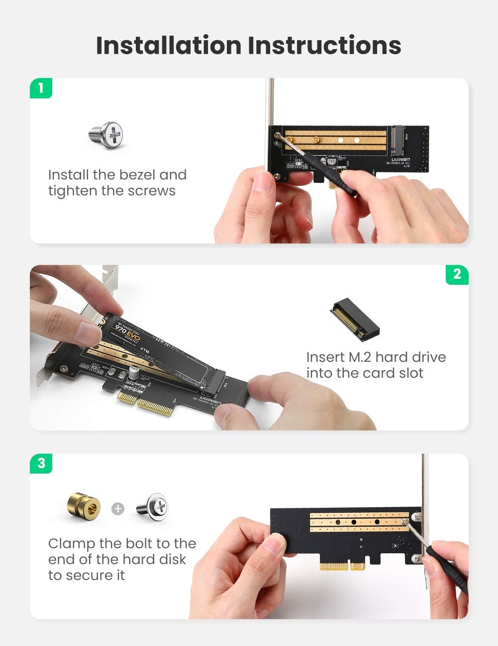 UGREEN M.2 NVME PCIe 3.0 X4 X8 X16 Adapter Card, Support M Key and B+M Key SSD 2280 2260 2242 2230 Size, Include Install Tool, Not for SATA SSD