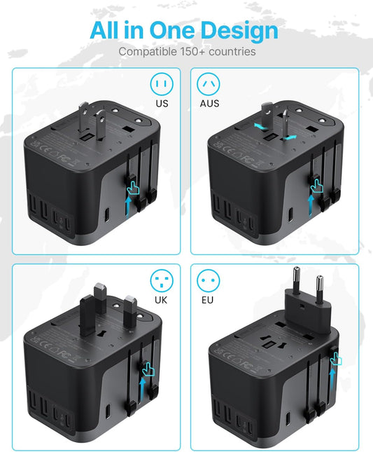 Universal Travel Adapter, VINTAR International Plug Adapter with 6A 3 USB C and 2 USB Ports, Travel Essentials Power Adapter, Worldwide All in One Outlet Converter for Europe UK USA AUS(Type C/G/A/I) - PuriLite