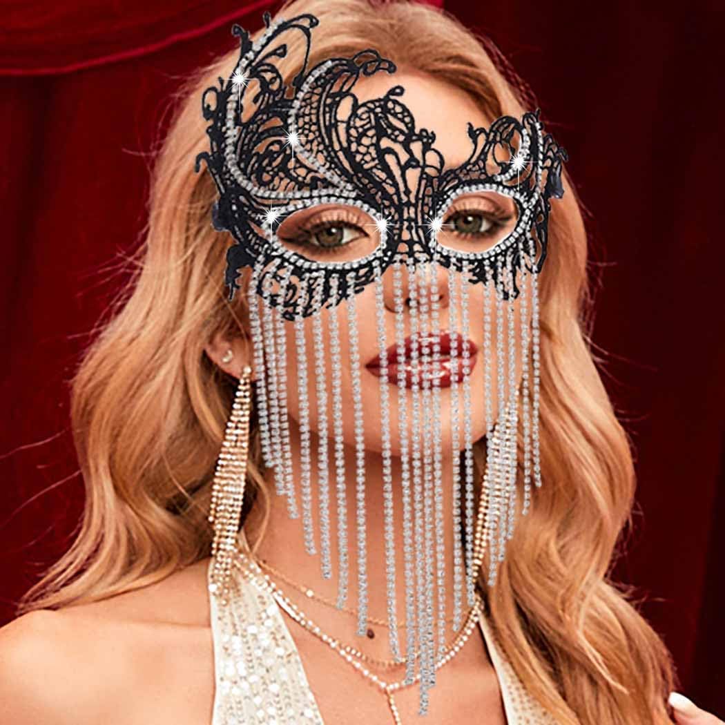 Obmyec Masquerade Lace Mask Rhinestone Masquerade Ball Masks Proms Face Mask Halloween Eye Mask for Women