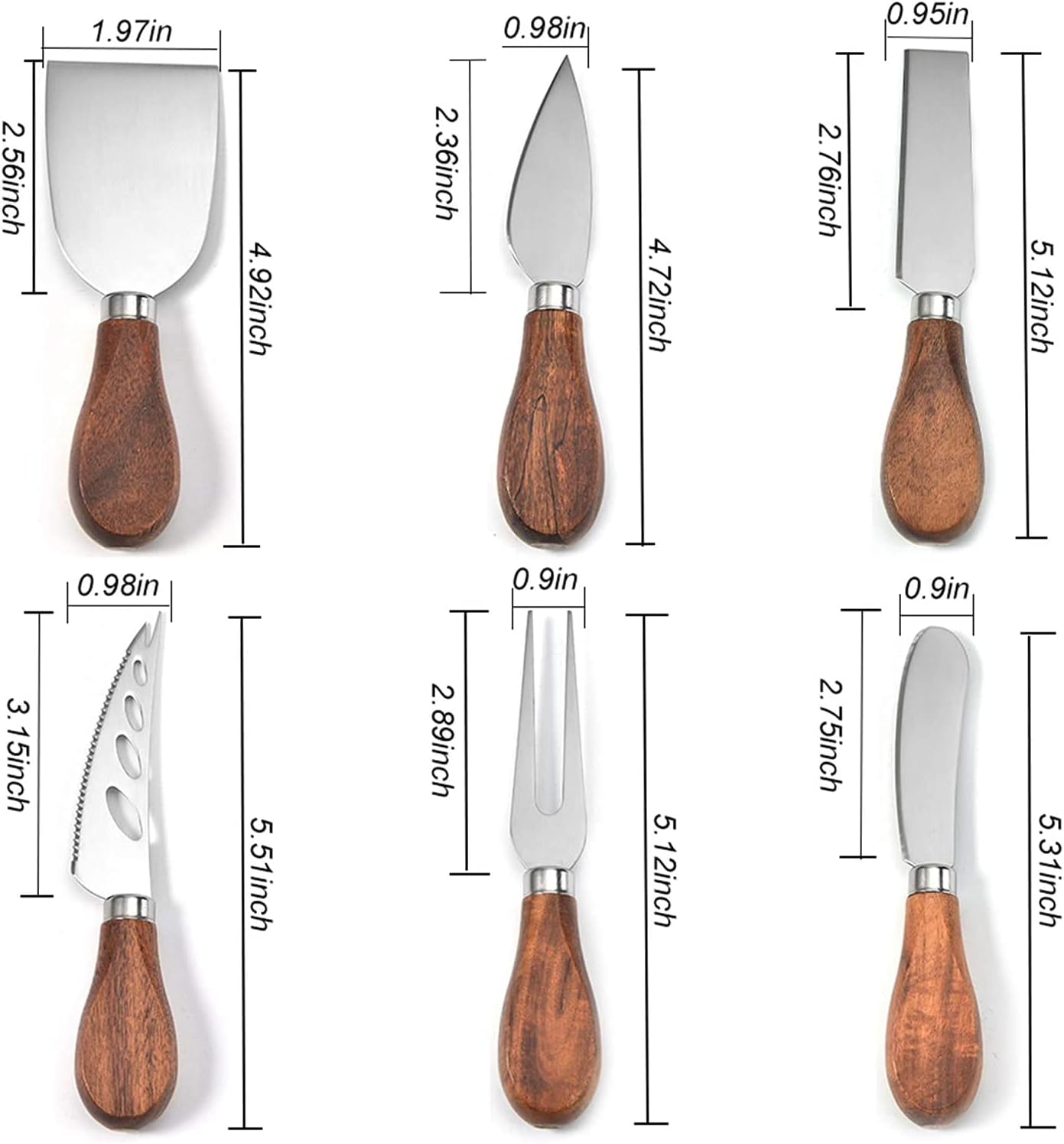 Exquisite 6-Piece Cheese Knife Set – Stainless Steel Blades with Acacia Wood Handles, Ergonomic Design, Perfect for Hard and Soft Cheese, Gift-Ready Box - PuriLite