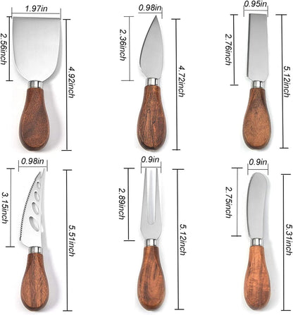 Exquisite 6-Piece Cheese Knife Set – Stainless Steel Blades with Acacia Wood Handles, Ergonomic Design, Perfect for Hard and Soft Cheese, Gift-Ready Box - PuriLite