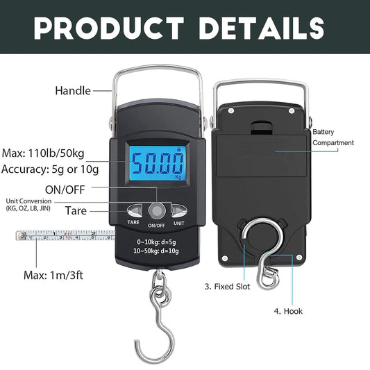 [Backlit LCD Display] Electronic Balance Digital Fishing Hook Hanging Scale 110lb/50kg 10g for luggage weighing, family shopping, fishing and other outdoor activities 2 AAA Batteries Included (Circular)