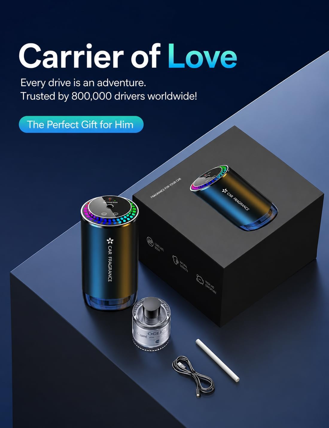 2026 Car Fragrance Aroma Diffuser with 50ml Perfume, Smart Wireless Car Air Fresheners, Aluminum Alloy, Music-Sync RGB Light, 3 Modes, Auto On/Off, Long Battery Life, 5-Month Scent, BJ579 (Ocean)