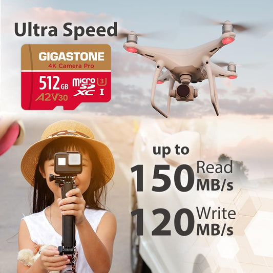 [5-Yrs Free Data Recovery] GIGASTONE 512GB Micro SD Card, 4K Camera Pro, A2 V30 for Smartphone, Gopro, Action Cams, 4K UHD Video Recording, R/W up to 150/120 MB/s, UHS-I U3 C10 Class 10 with Adapter - PuriLite