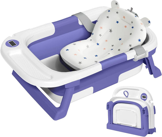 Collapsible Baby Bathtub,Baby Bath Tub with Thermometer & Soft Cushion,Baby Bathtub for Newborn to Toddler 0-36 Months,Portable Travel Baby Tub with No-Slip Feet,Baby Shower Gifts,Lavender