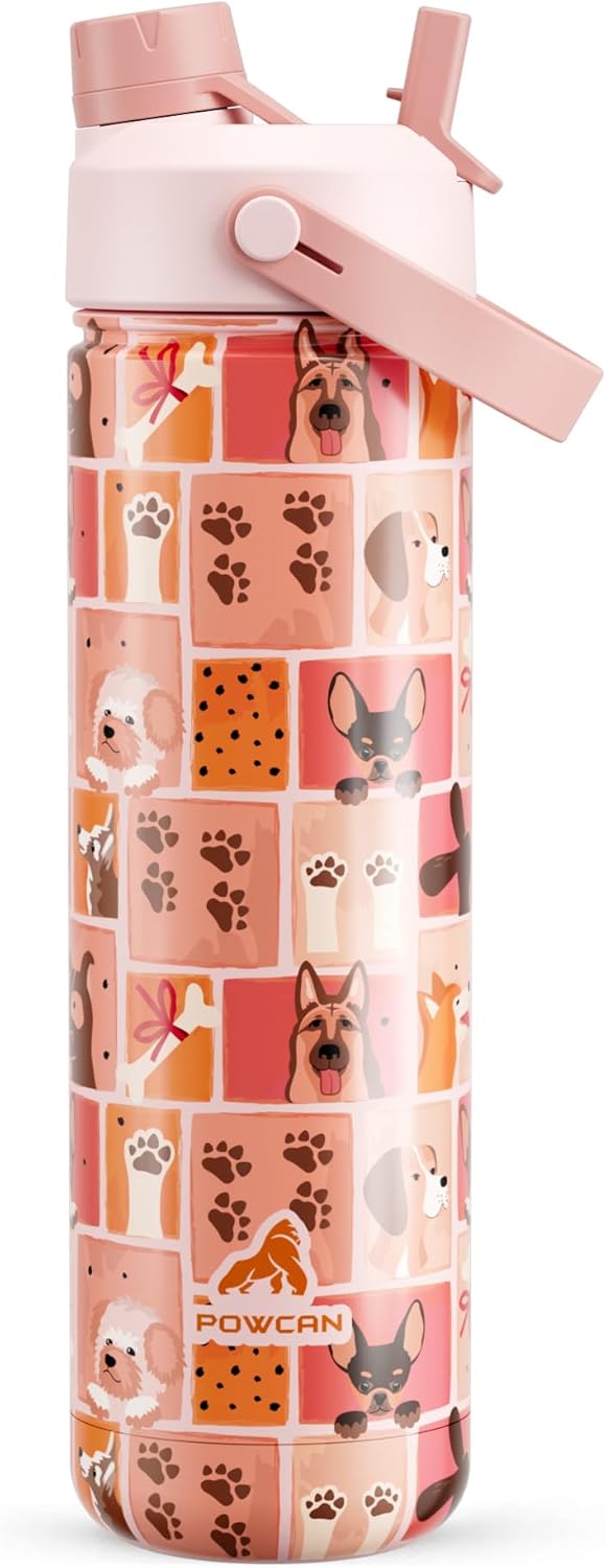 POWCAN 26 oz Insulated Water Bottle with 2-in-1 Straw and Spout Lid, Keep Cold 24H, Leak-Proof, Fits in Car Cup Holder, Stainless Steel Water Bottle for Sports, Travel, and School (Cotton Candy)