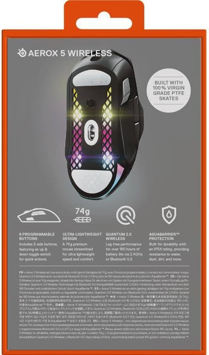 SteelSeries Aerox 5 Wireless RGB Gaming Mouse – Ultra-Lightweight Holey Design, 9 Programmable Buttons, Bluetooth & 2.4GHz, 18K DPI Optical Sensor, Water Resistant