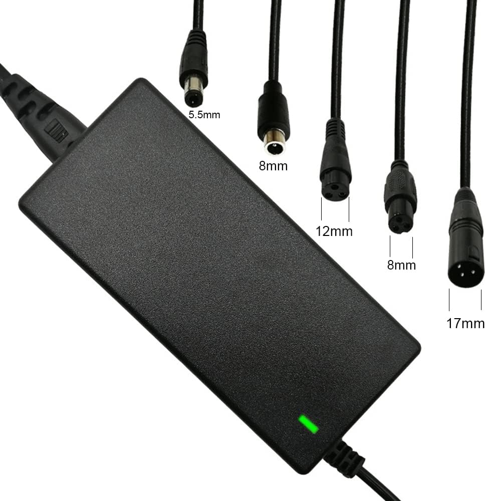 Wanhirus 42V 2A Scooter Charger 5 Plugs Universal for 36V Lithium Battery, Pack DC 5.5 * 2.1 with 8mm 3 Prong Connector /12mm 3 Prong Connector /8mm RCA Connector/ 3-Pin Male XLR Connector