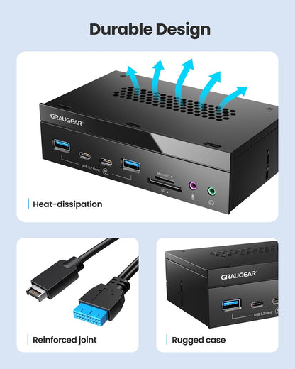 GRAUGEAR 5.25 Inch 10Gbps USB 3.2 PC Front Panel Card Reader with Audio Ports, SD/microSD Internal Card Reader, USB3.2 Type-E Key-A 20-Pin Header & USB3.0 Header & 15-Pin SATA Power Connector Required