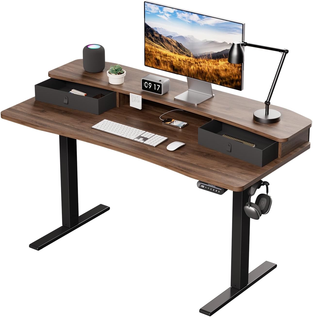 HUANUO 60″ x 30″ Electric Standing Desk with 2 Drawers, C-Clamp Mount Compatible, Height Adjustable Computer Desk, Home Office Stand Up Desk with 4 Preset Heights & 2 Hooks, Vintage Brown