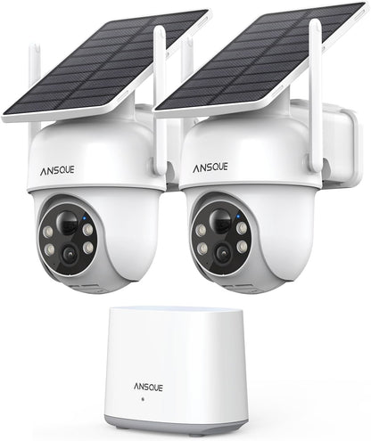 ANSQUE Solar Security Cameras Wireless Outdoor, 4-Cam Kit, No Monthly Fee, 2K Color Night Vision with Solar Panel, Local Storage, 360° View, Auto Tracking