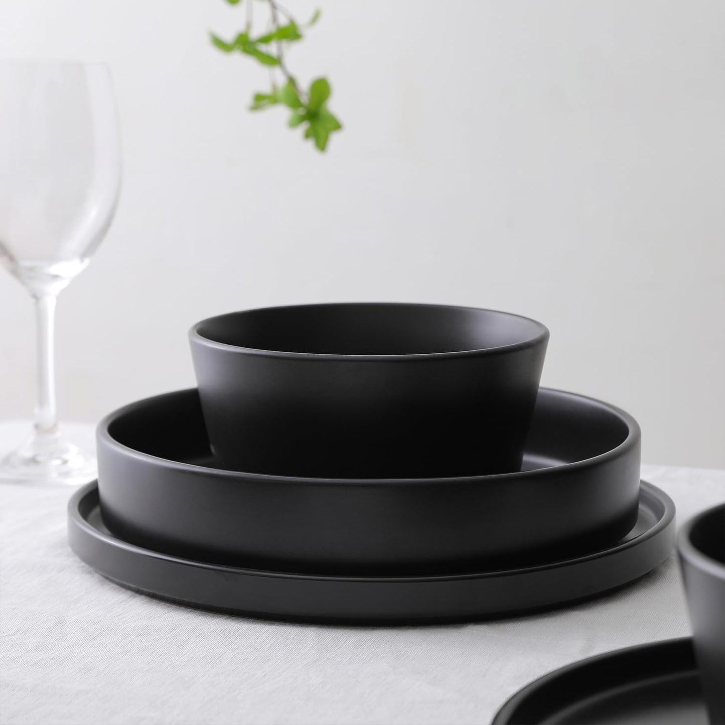 Stone Lain Celina Stoneware 12-Piece Dinnerware Set, Cereal and Pasta Bowls, Black