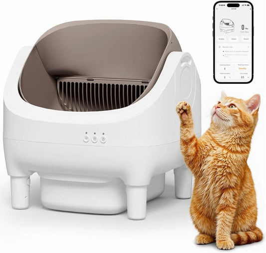 GUNJI Self Cleaning Cat Litter Box, Open-Top Automatic Self-Cleaning Litter Box, Design for Multi-Cat Families, Integrated Safety Protection, Includes Trash Bags (Brown)