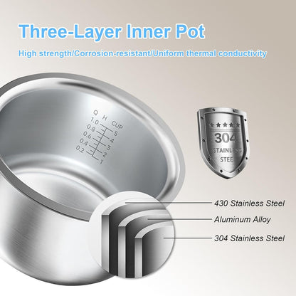 5 cup Low Suger Rice Cooker with 304 Stainless Steel Steamer Basket, 2.5L mini Small Rice Cookers, Smart Control Multifunction,Cooking & Warmer