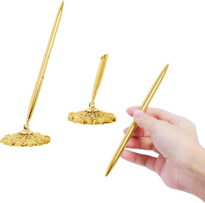 Bcxfbxd 2 Pcs Hollow Round Pen Holder Metal Pen Stand Holder Set Signing Pen Set Signing Desk Ballpoint Pens for Guest Book Wedding Birthday Party Graduation Teacher Office Business (Gold)