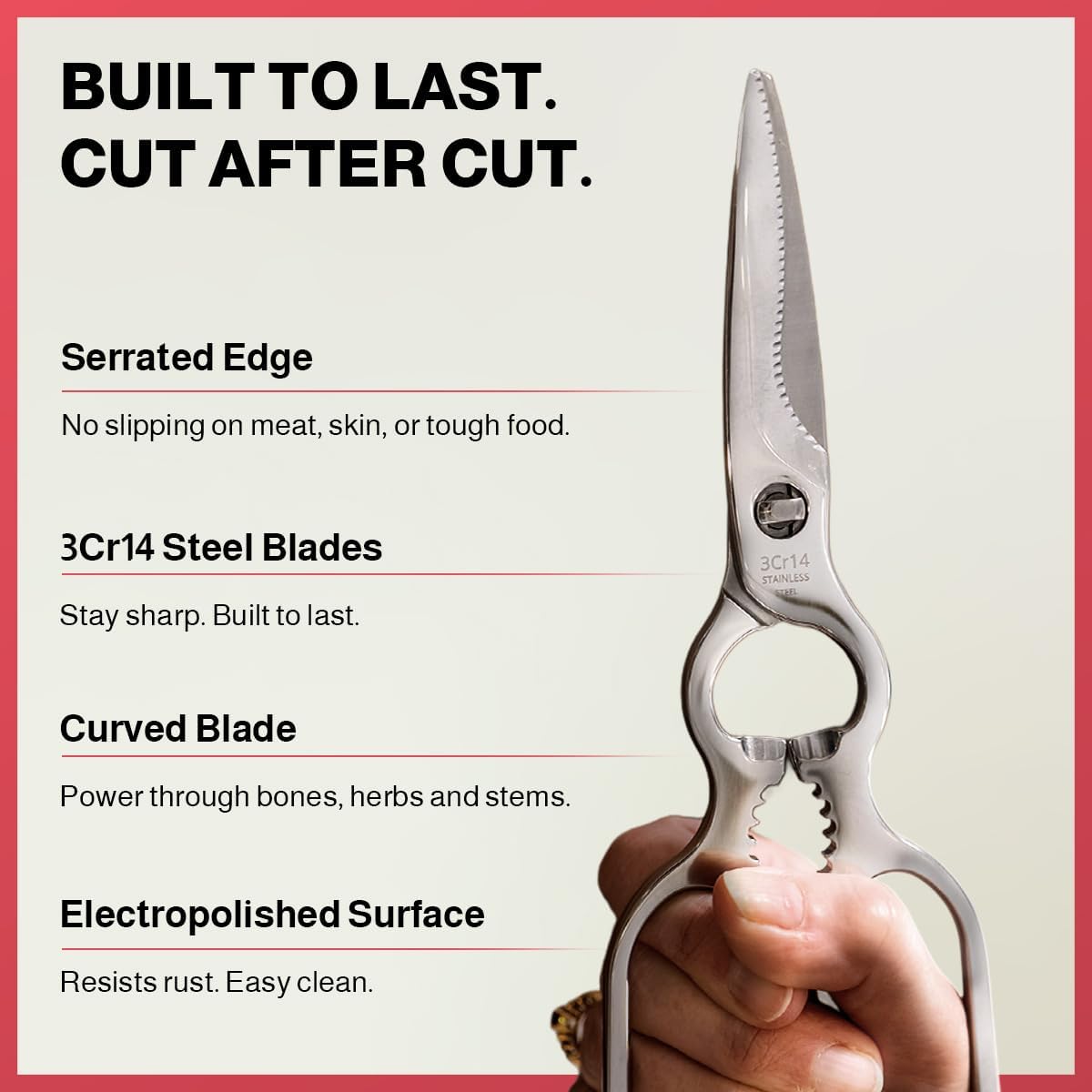 Kitchen Scissors – All Steel, Come-Apart, Dishwasher Safe | Heavy-duty 3Cr14 steel shears. Serrated edge cuts poultry, herbs & seafood. 5-in-1 multi-tool. Opens bottles & cans.