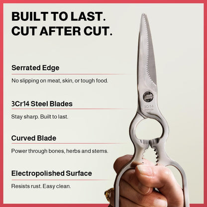 Kitchen Scissors – All Steel, Come-Apart, Dishwasher Safe | Heavy-duty 3Cr14 steel shears. Serrated edge cuts poultry, herbs & seafood. 5-in-1 multi-tool. Opens bottles & cans.