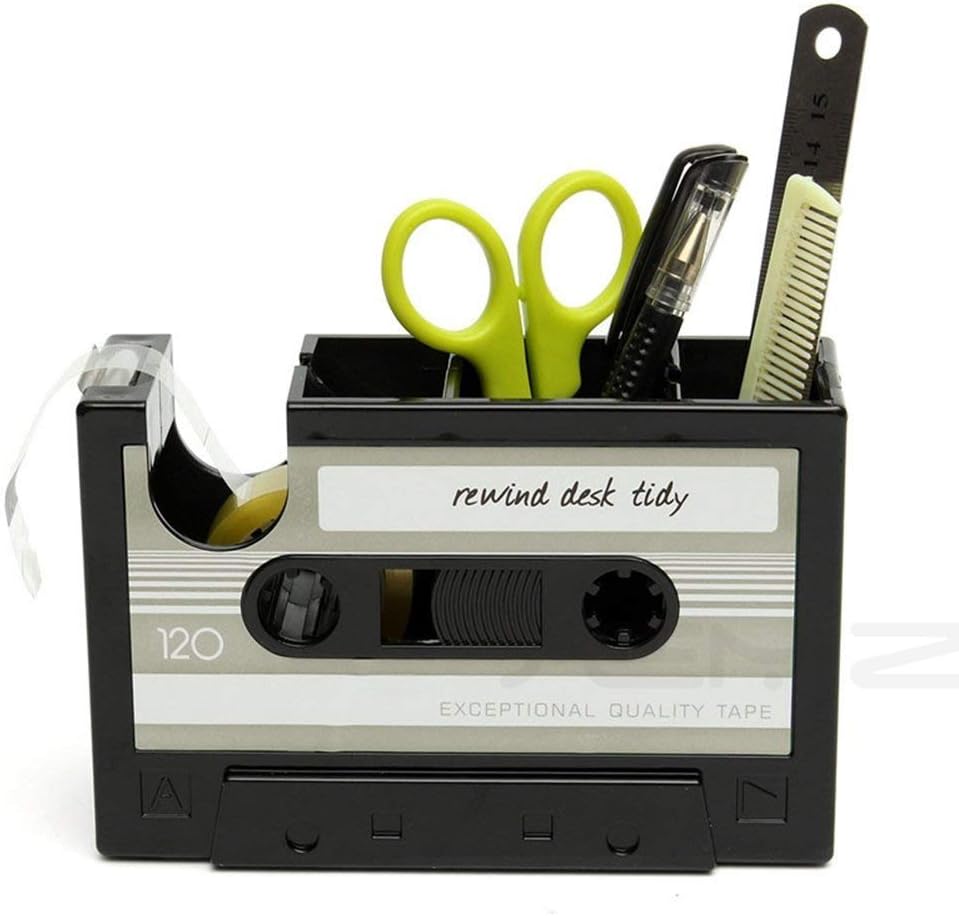 Creative Adhesive Tape Pen Holder Case, Retro Cassette Tape Dispenser Vase Brush Pot, Popular Pencil Desk Collection Tidy Organizer, Office Stationery Storage Container- Unique Gift (gray)