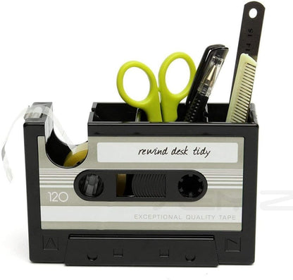 Creative Adhesive Tape Pen Holder Case, Retro Cassette Tape Dispenser Vase Brush Pot, Popular Pencil Desk Collection Tidy Organizer, Office Stationery Storage Container- Unique Gift (gray)