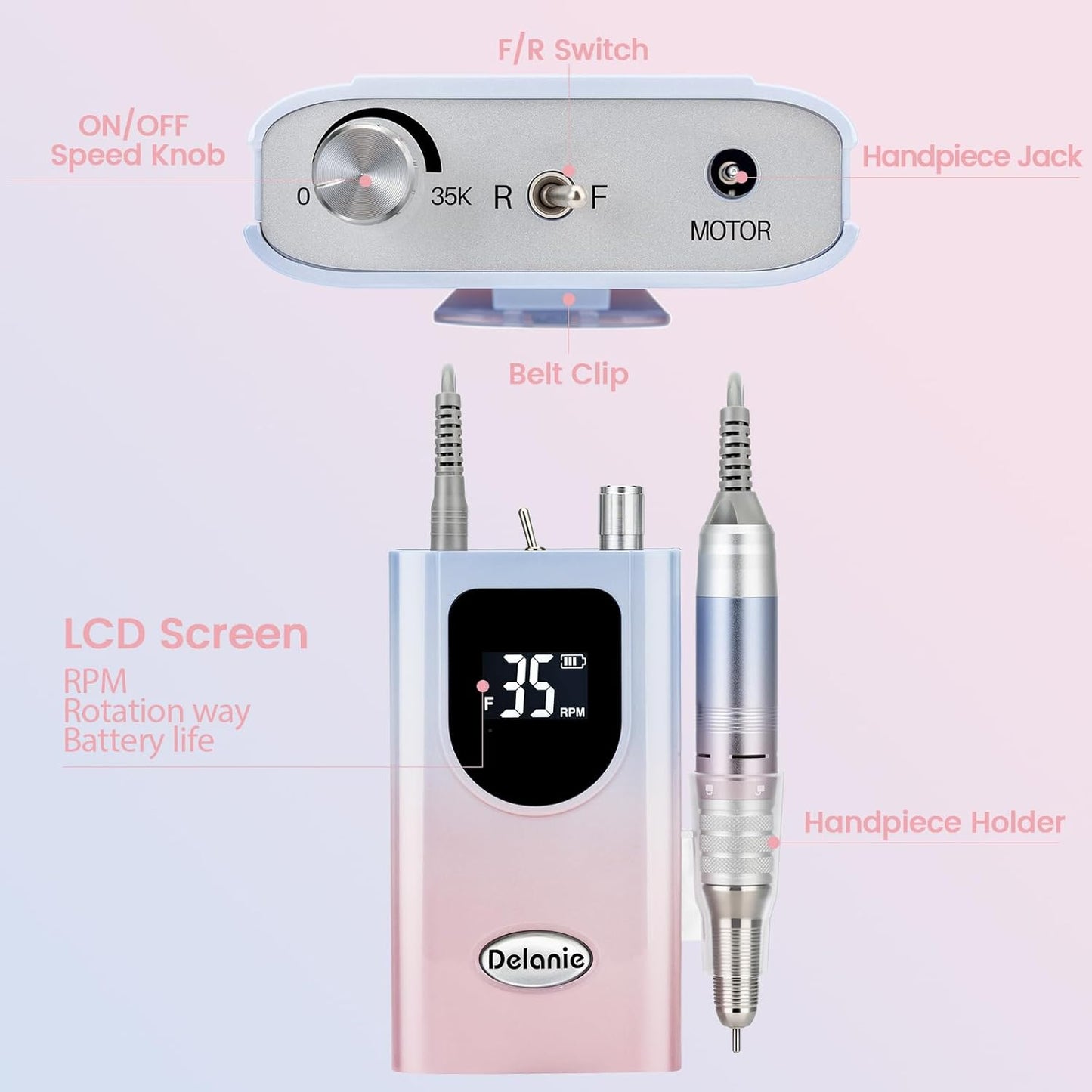 Delanie Professional Nail Drill High Torque 35000 RPM Rechargeable Portable Electric Nail File for Acrylic & Gel, High Speed, Low Heat, Low Vibration, Rose Gold