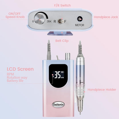Delanie Professional Nail Drill High Torque 35000 RPM Rechargeable Portable Electric Nail File for Acrylic & Gel, High Speed, Low Heat, Low Vibration, Rose Gold