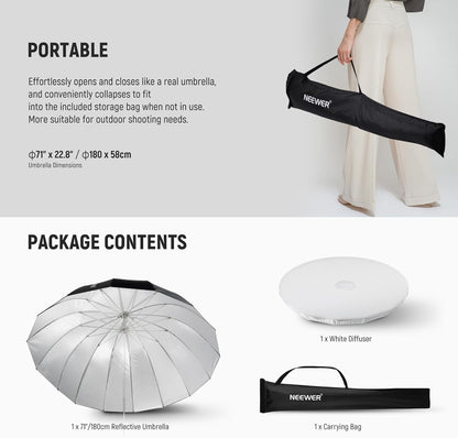 NEEWER 71"/180cm Parabolic Reflective Umbrella Photography with White Inner, Soft Lighting with Diffuser Cover, Bag, Quick Fold for Camera Photo Studio Video Light Shooting Monolight Flash, NS4U