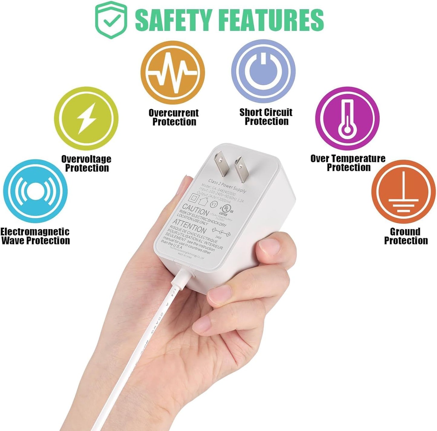 Wefomey 24V 3A Power Supply UL Listed, AC 100~240V to 24V DC Adapter Transformer with 5.5x2.1mm DC Plug, 24 Volt 3 Amp 72W Wall Charger for 5050 3528 LED Strip Light LED Driver CCTV Security System