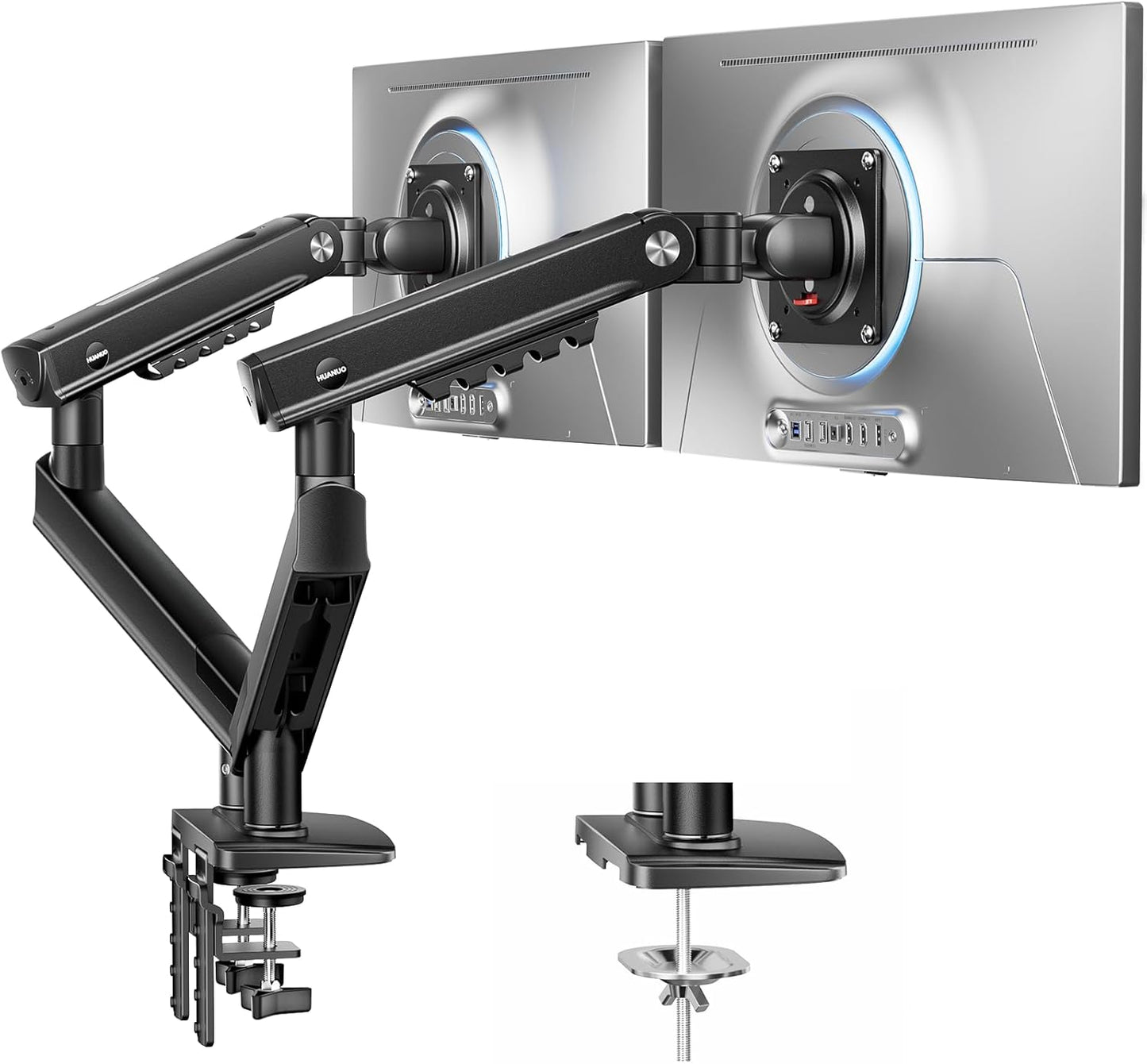 HUANUO FlowLift™ Pro Dual Monitor Arm for 13–32" Screens, MechaSpring Monitor Mount, Adjustable Monitor Arm with Tilt/Swivel/Rotation, Tool-Free VESA Mount, C-Clamp/Grommet Base, Max Load 19.8 lbs