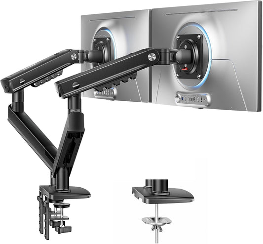 HUANUO FlowLift™ Pro Dual Monitor Arm for 13–32" Screens, MechaSpring Monitor Mount, Adjustable Monitor Arm with Tilt/Swivel/Rotation, Tool-Free VESA Mount, C-Clamp/Grommet Base, Max Load 19.8 lbs