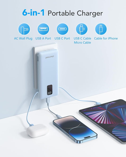 Charmast Portable Charger with Built-in Cables and AC Wall Plug, 10000mAh Ultra Slim Power Bank with 5 Outputs & 2 Inputs, External Battery Pack Compatible with iPhone 14/13, Samsung Galaxy, etc