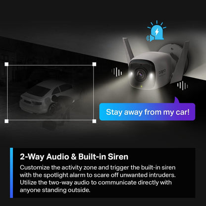 TP-Link Tapo 2K HD Security Camera Outdoor Wired, Built-in Siren, Night Vision, IP66 Weatherproof, Motion/Person Detection, Works w/Alexa & Google Home, Cloud/SD Card Storage, 2-Way Audio,White