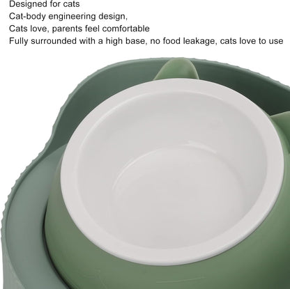 Elevated Cat Bowls, Double Ceramic Pet Bowls Cat Food and Water Set Elevated Feeding Station Ceramic Pet Dish Feeder for Kitten and Small Dogs, (Green [Cheongsam Meow] Green Bottom)