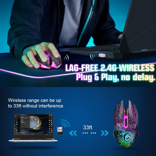 VersionTECH. Wireless Gaming Mouse Rechargeable Computer Mouse Mice Souris with Colorful LED Lights Silent Click 2.4G USB Nano Receiver 3 Level DPI for PC Gamer Laptop Desktop Chromebook Mac - PuriLite