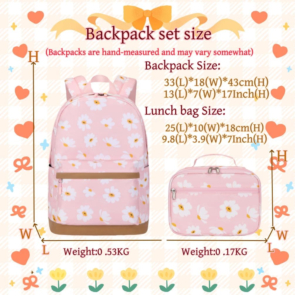 3Pcs Daisy Prints Backpack for Girls Bookbag set Primary School Daypack Elementary Students Knapsack with Lunch Box
