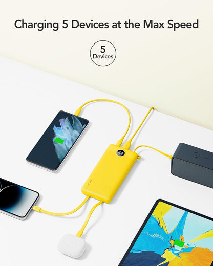 VRURC 10000mAh Power Bank Built-in Cables, Portable Charger with LED Display, Slim Intelligent Travel Battery Pack with Cords, 5 Output Dual Input Phone Charger for Cell Phone Smart Devcies-Blue