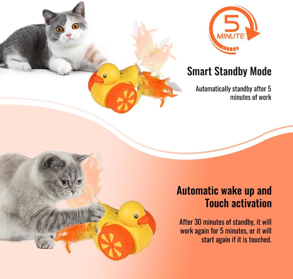 Interactive Cat Toys for Indoor Cats, Automatic Moving Cat Toy with Laser, Rechargeable Random Movement Duck Cat Toy for Bored Cats/Kittens/Dogs, with 4 Replaceable Tails (Worm, Feather, Fish)