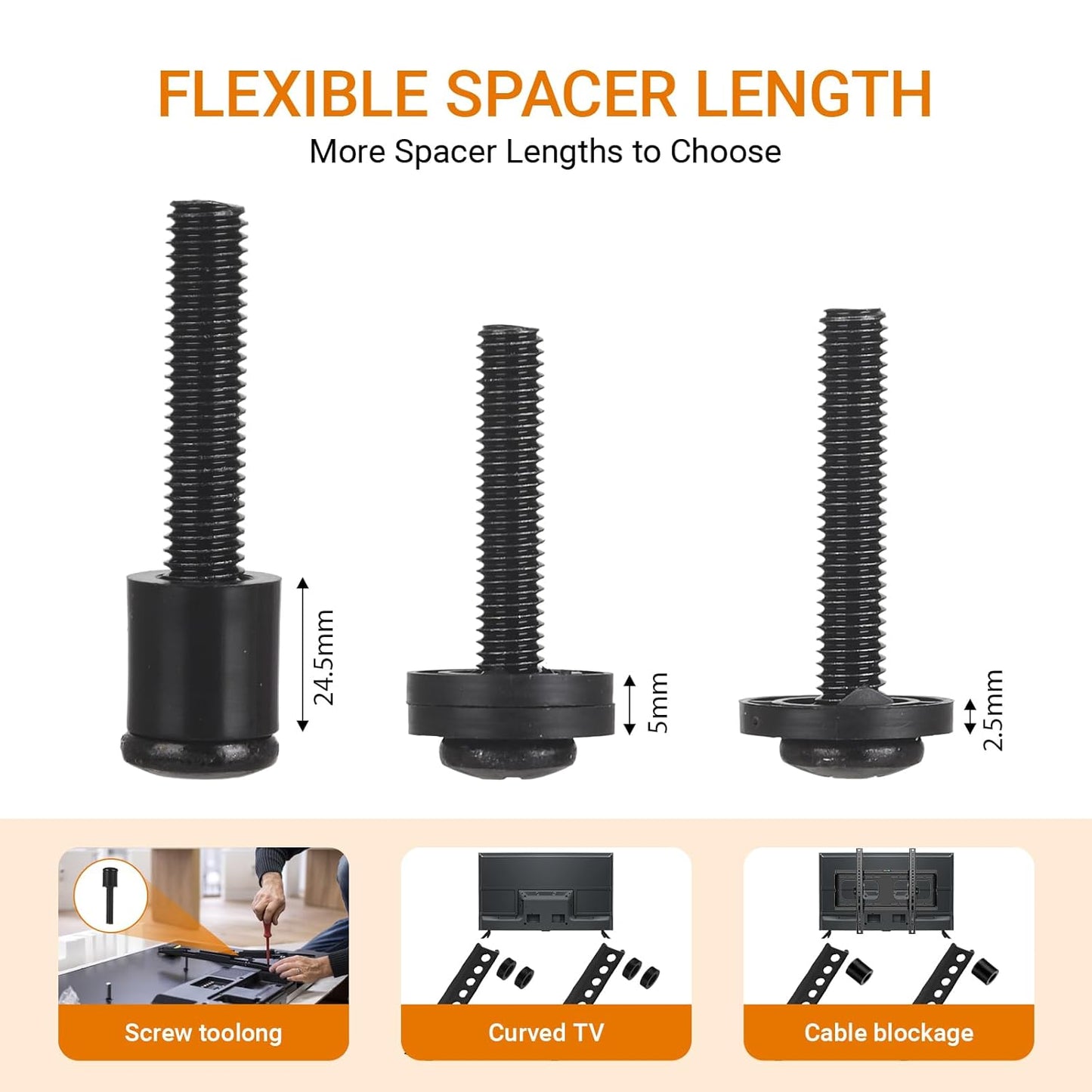 Universal TV Mounting Hardware Screw Kit Set - M4 M5 M6 M8 Screws,Spacers and Washers for Most TV/Monitor VESA Mount, TV Mount Replacement Screws with Box up to 80 inch(Black)