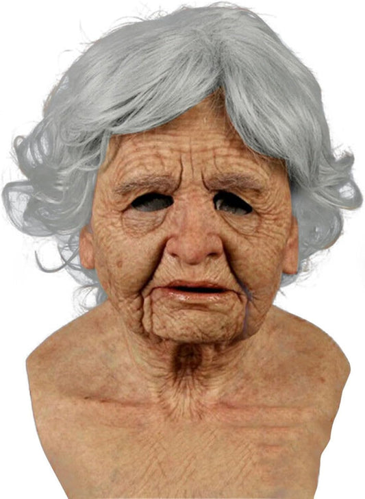 Halloween Realistic Old Lady Mask, Creepy Human Wrinkle Face Latex Headgear, Scary Halloween Cosplay Costume Props