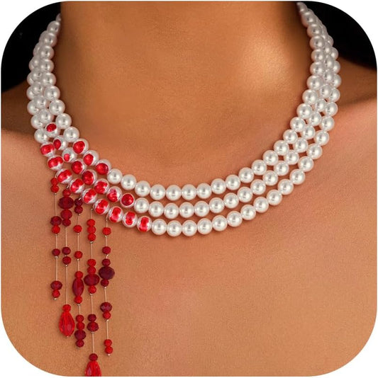 C-leen Halloween Dripping Blood Pearl Choker Necklace - Vampire Necklace for Women, Spooky Gothic Layered Vampire Accessories Women for Halloween Costume Cosplay Party