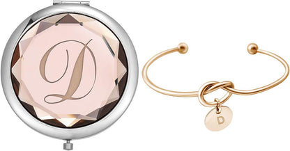 Compact Crystal Pocket Makeup Mirrors Set - Letter Mirror and Love Knot Bracelets for Bachelorette Party, Bridesmaid Proposal, Wedding Gifts (Champagne-B)