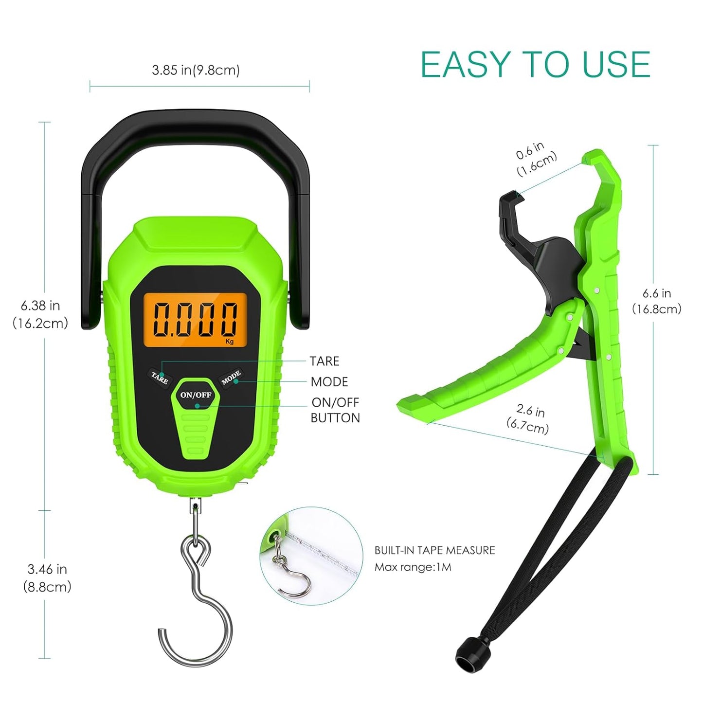 ORIA Digital Fish Scale With Ruler and Gripper, Baggage Weighing Scale, Backlit LCD Display, Portable for Outdoor Fishing (Green)