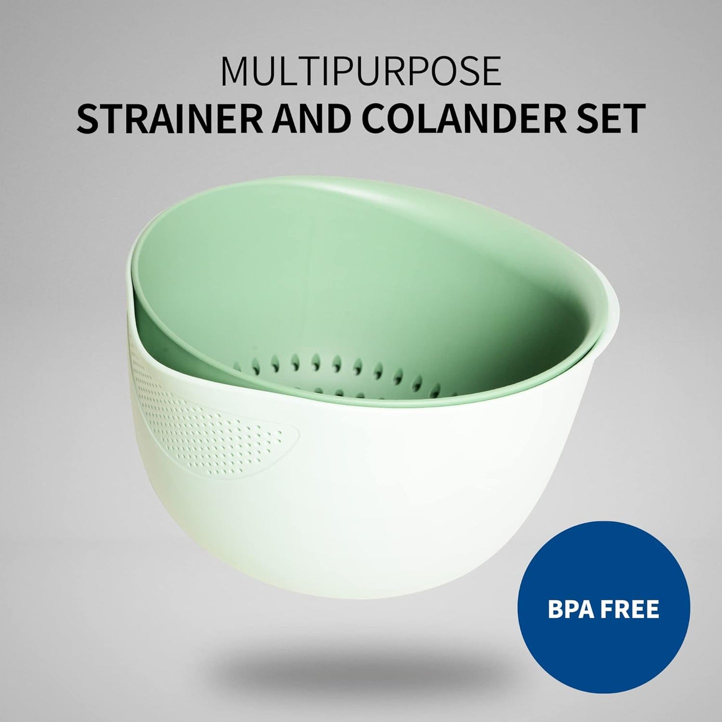 Blue Ginkgo Rice Washing Bowl and Colander Kitchen Set - Strain Rice, Quinoa and Small Grains - Soak, Wash and Drain Produce (4 Quart) - Cream and Limestone
