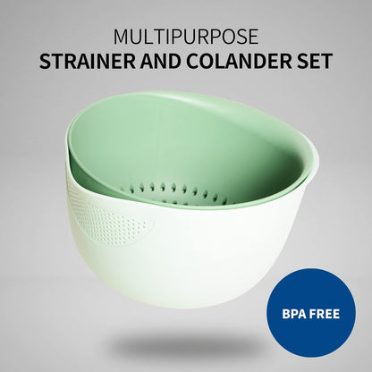 Blue Ginkgo Rice Washing Bowl and Colander Kitchen Set - Strain Rice, Quinoa and Small Grains - Soak, Wash and Drain Produce (4 Quart) - Cream and Limestone