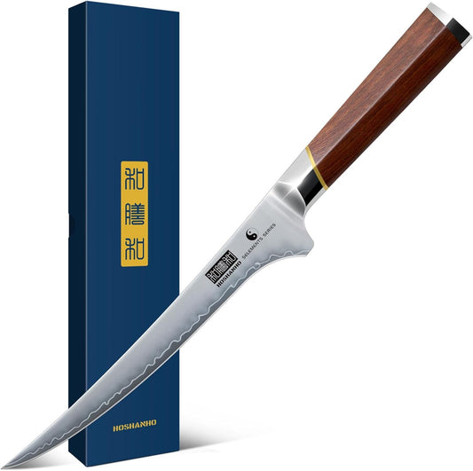 HOSHANHO Fillet Knife 7 Inch, Professional Japanese Super Steel Boning Knife for Meat Chicken Cutting, Japanese Fish Fillet Knife with Ergonomic Red Sandal Wooden Handle