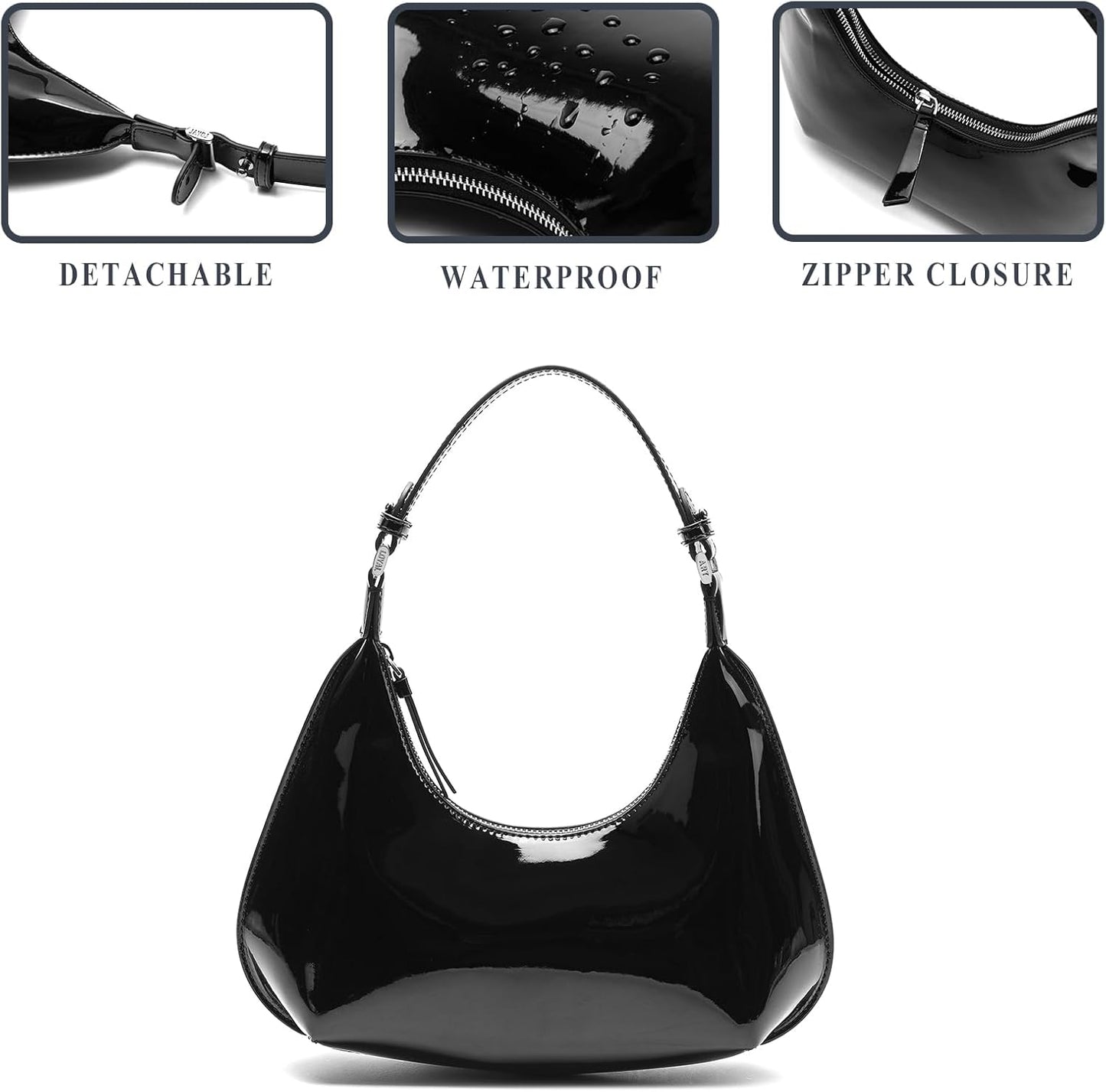 Purilite Select | Patent Leather Crescent Shoulder Bag | Small Going-Out Purse for Women | Cute Zipper Handbag with Adjustable Strap