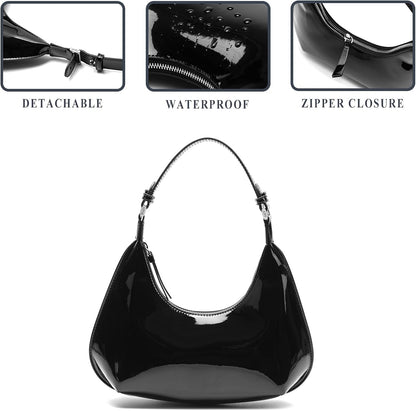 Purilite Select | Patent Leather Crescent Shoulder Bag | Small Going-Out Purse for Women | Cute Zipper Handbag with Adjustable Strap