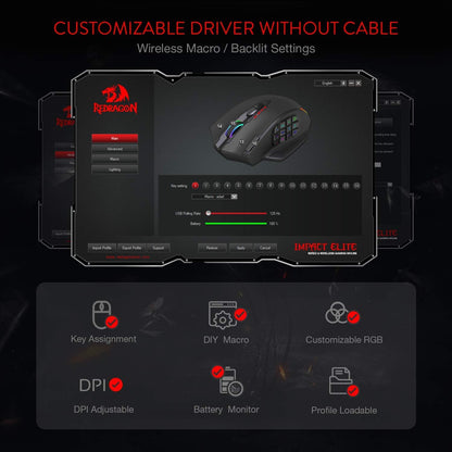Redragon M913 Impact Elite Wireless Gaming Mouse, 16,000 DPI Wired/Wireless RGB Mouse with 16 Programmable Buttons, 45 Hr Battery and Pro Optical Sensor, 12 Side Buttons MMO Mouse