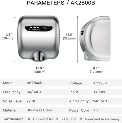 AIKE Surface Mounted High Speed Commercial Hand Dryer CUL Approved 120V 1500W, Brushed Stainless Steel Finish Model AK2800B